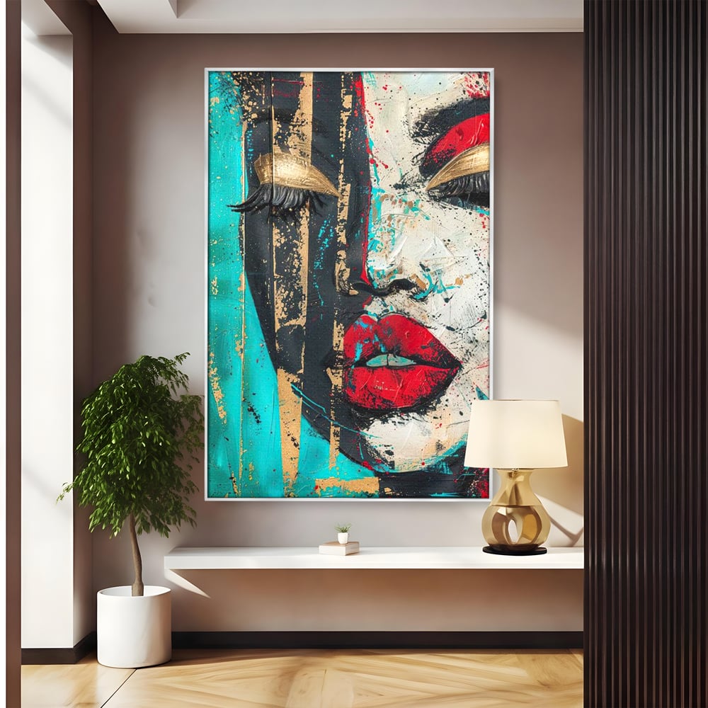 Tablou canvas cu tablou canvas cu portret avangardist, in rama de aluminiu argintiu